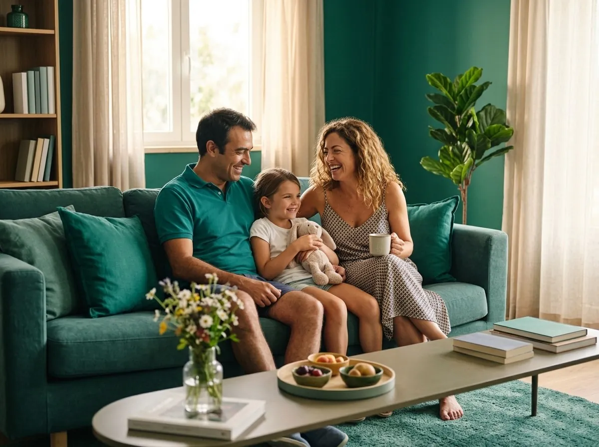 Pai, mãe e filha sorridentes no sofá da sala, num momento descontraído em casa